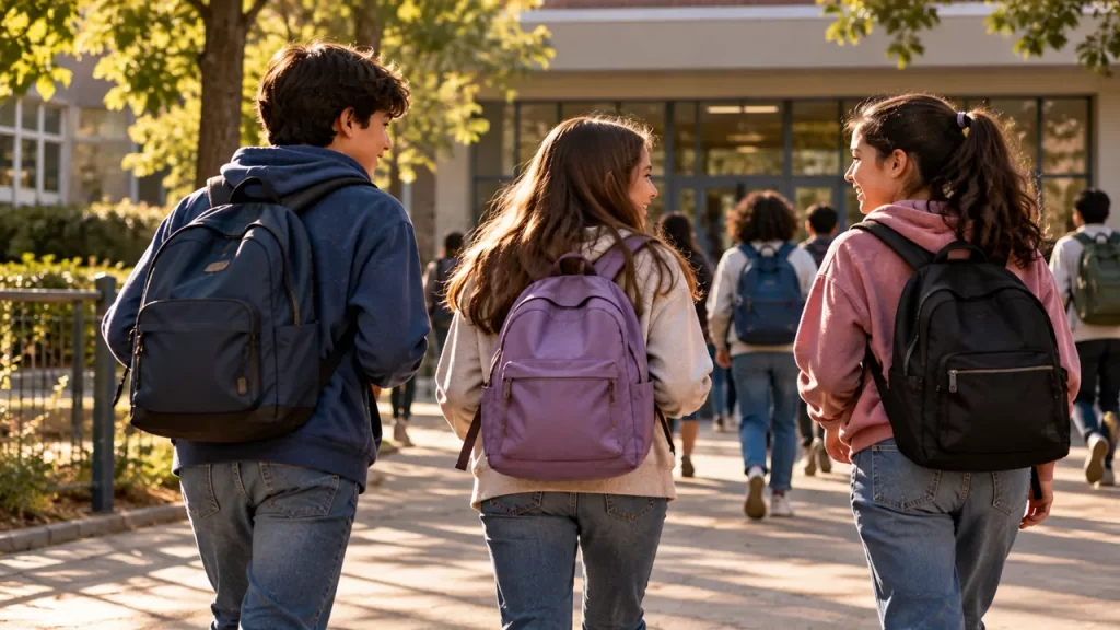 ¿Yendo o llendo? Cómo se escribe y cómo usarlo 1 Tres compañeros con mochilas caminan hacia la escuela.