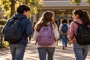 Tres compañeros con mochilas caminan hacia la escuela.