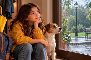 Una niña y un perro esperan junto a una ventana mientras llueve fuera.