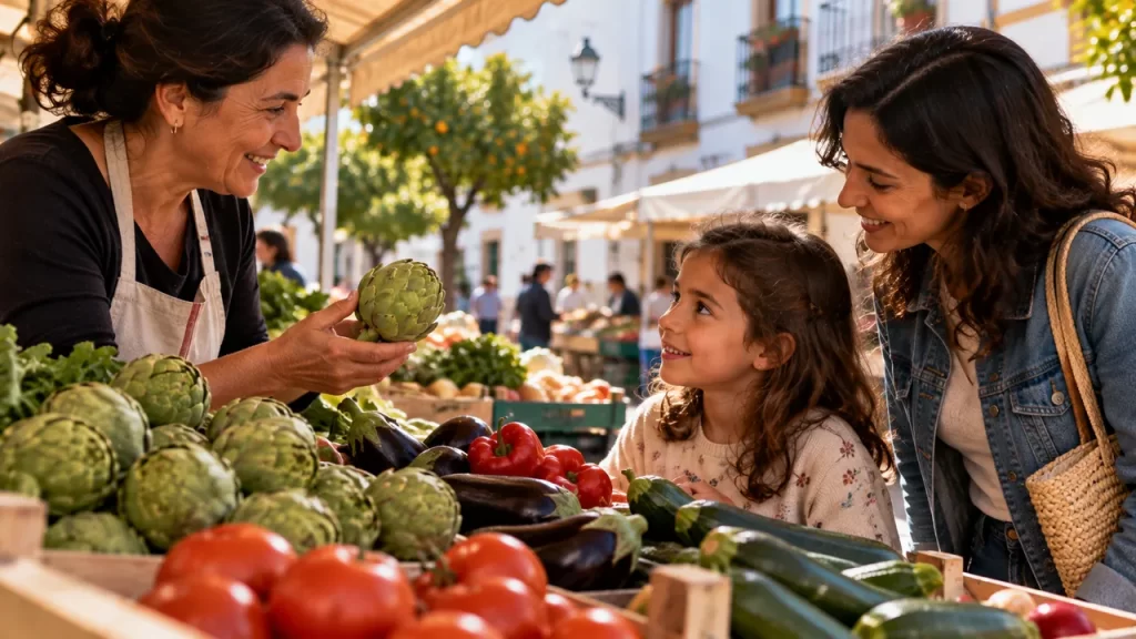 Una vendedora muestra una alcachofa a una niña y a una adulta en un puesto de verduras.