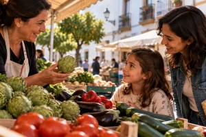 Una vendedora muestra una alcachofa a una niña y a una adulta en un puesto de verduras.