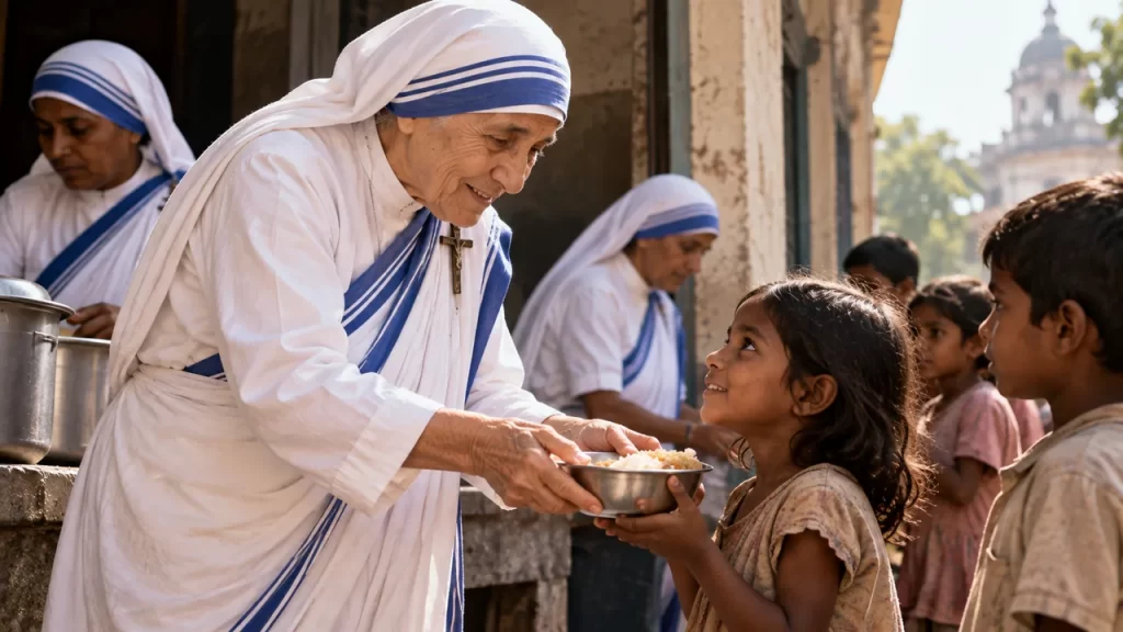 Recreación de una religiosa de las Misioneras de la Caridad que entrega un cuenco de comida a una niña.