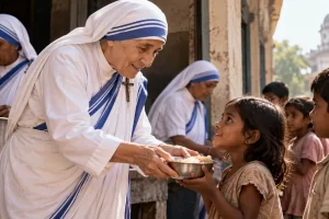 Recreación de una religiosa de las Misioneras de la Caridad que entrega un cuenco de comida a una niña.