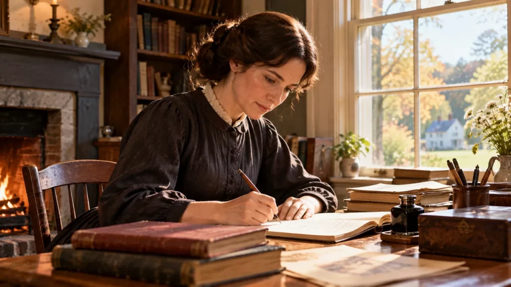 Louisa May Alcott: la escritora de Mujercitas 1 Escritora trabajando junto a una ventana.