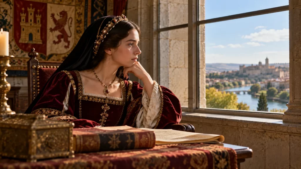 Recreación artística de una reina ante una ventana.