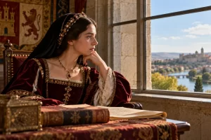Recreación artística de una reina ante una ventana.
