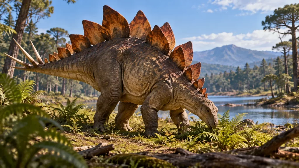 Recreación de un Stegosaurus con placas dorsales y cuatro púas en la cola.
