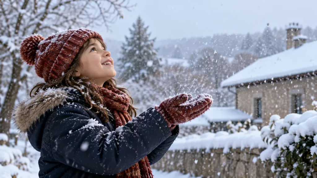 Una niña observa cómo cae la nieve sobre sus guantes.