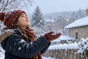 Una niña observa cómo cae la nieve sobre sus guantes.