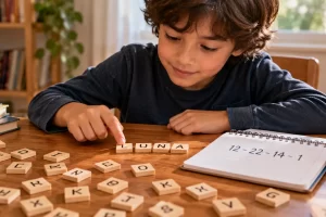 Un niño forma la palabra LUNA con fichas y observa su código numérico.