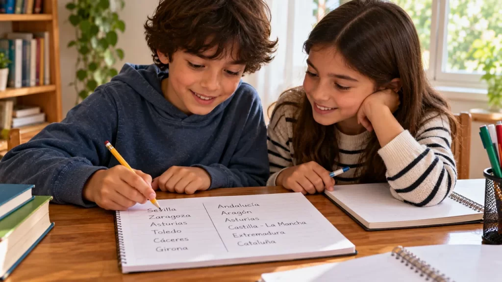 Dos estudiantes relacionan provincias españolas con sus comunidades en un cuaderno.