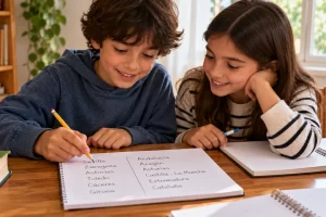 Dos estudiantes relacionan provincias españolas con sus comunidades en un cuaderno.