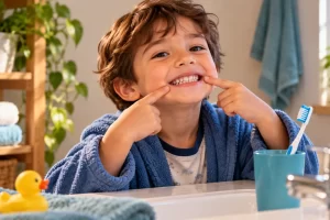 Un niño señala su sonrisa junto a un cepillo de dientes.