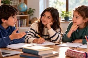 Tres estudiantes conversan y escriben en sus cuadernos.