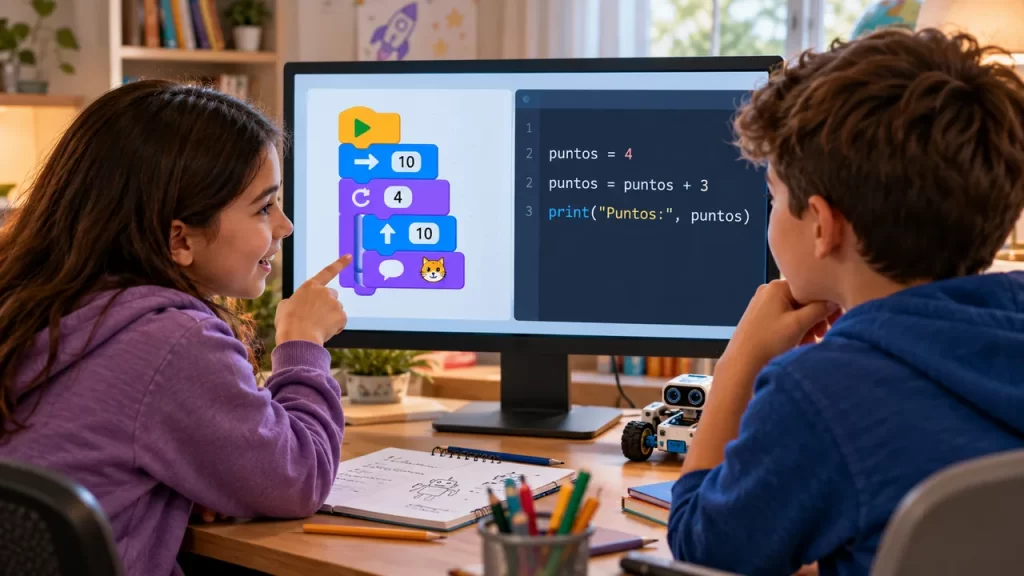 Lenguajes de programación para niños: Scratch y Python 1 Dos estudiantes comparan bloques visuales y código de texto en una pantalla.