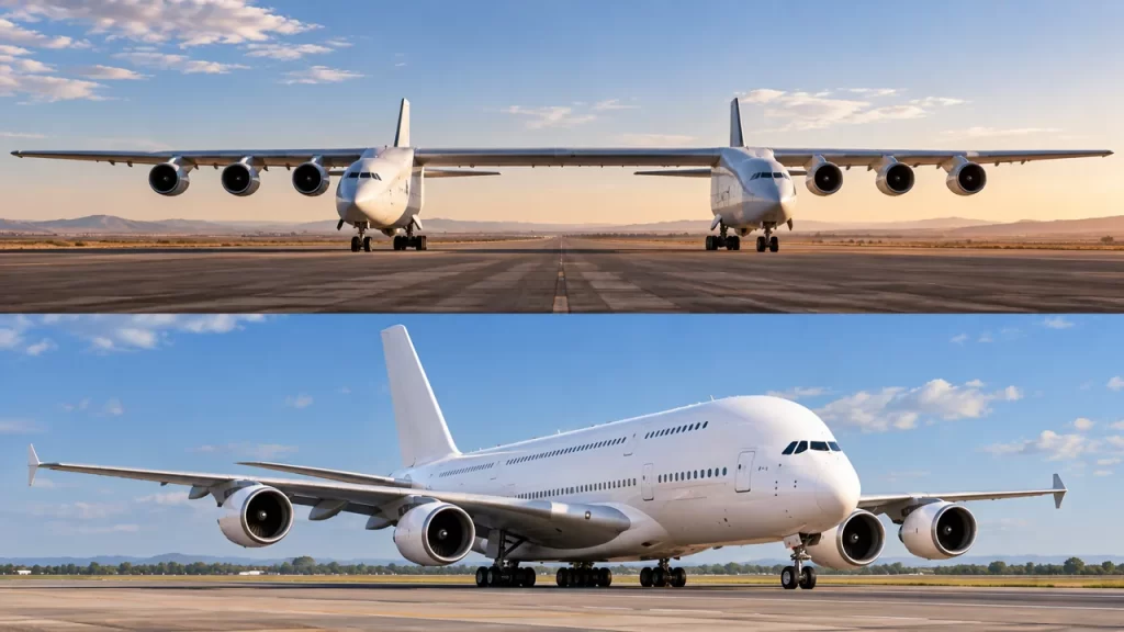 Dos ilustraciones muestran un avión de dos fuselajes y un gran avión de pasajeros de doble cubierta.