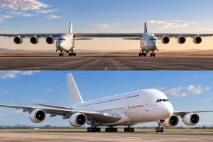 Dos ilustraciones muestran un avión de dos fuselajes y un gran avión de pasajeros de doble cubierta.