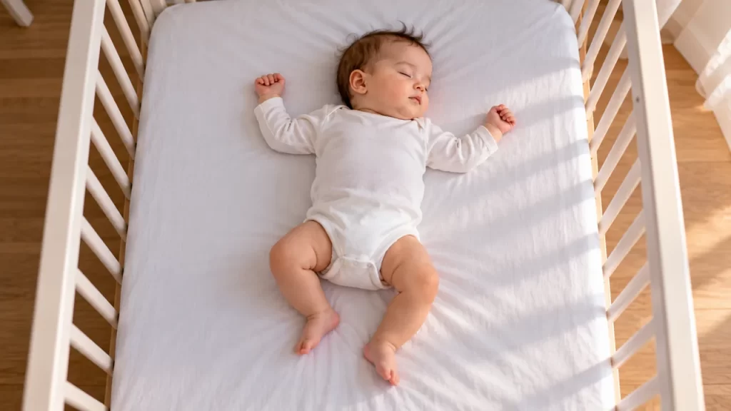 Bebé dormido boca arriba en una cuna sin objetos sueltos.
