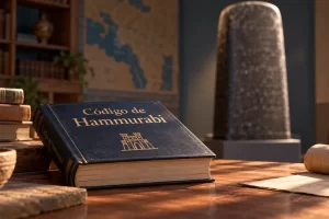 Libro ilustrado titulado Código de Hammurabi y una estela desenfocada al fondo.