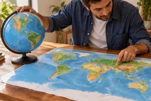 Una persona compara un globo terrestre con un mapa plano desplegado.