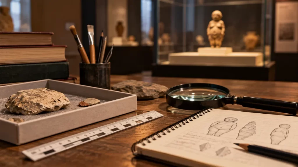 Venus de Willendorf: qué sabemos de esta figura prehistórica 1 Mesa de estudio arqueológico con lupa y cuaderno, y una figura pequeña desenfocada al fondo.