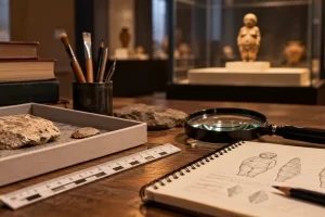 Mesa de estudio arqueológico con lupa y cuaderno, y una figura pequeña desenfocada al fondo.