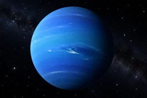 Representación artística azul de Neptuno sobre el fondo espacial.