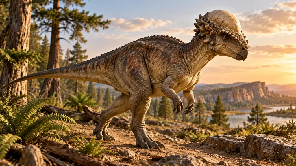 Recreación artística de un dinosaurio bípedo con una cúpula ósea y bultos alrededor de la cabeza.