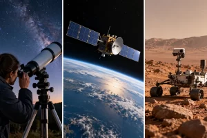 Tres escenas muestran un telescopio, un satélite en órbita y un vehículo explorador.