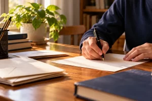Una persona escribe una carta sobre una mesa iluminada por el sol.
