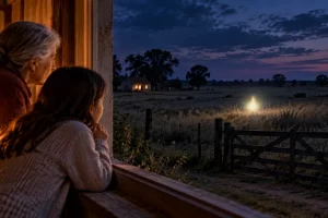 Dos personas miran desde una ventana una luz entre los pastos de un campo nocturno.