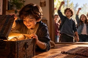 Composición imaginada con un niño que descubre un cofre y otros personajes que expresan oposición.