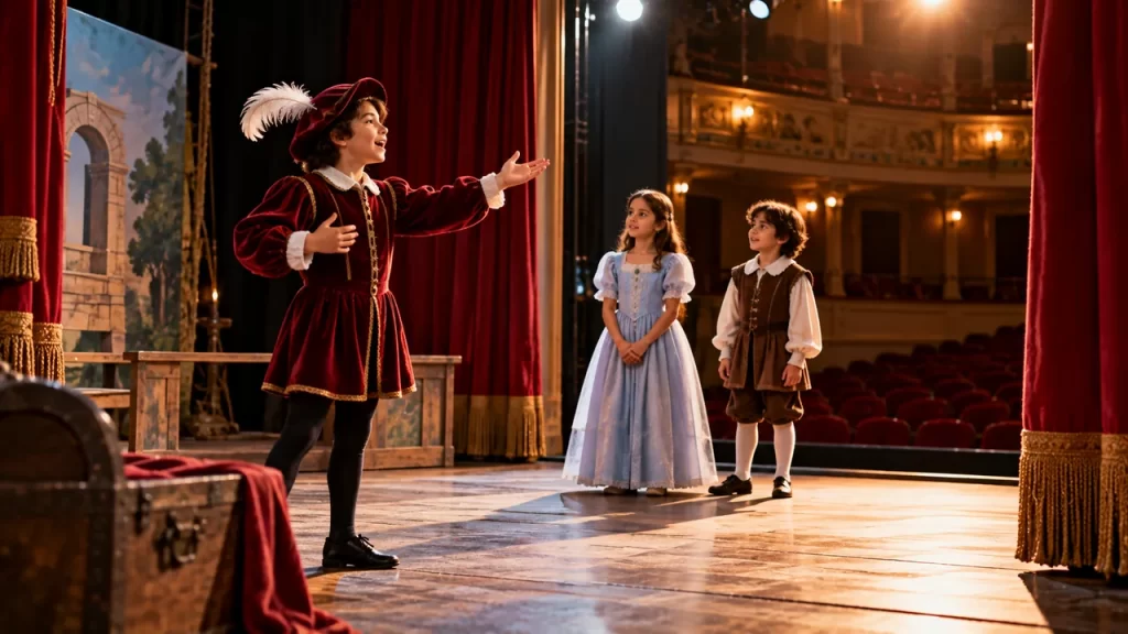 Tres niños representan una escena sobre un escenario de teatro.