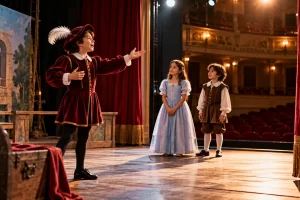Tres niños representan una escena sobre un escenario de teatro.