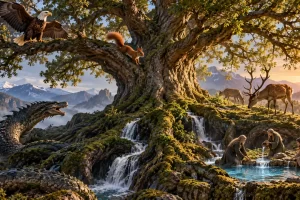 Un gran árbol mitológico reúne un águila, una ardilla, ciervos, una criatura en sus raíces y figuras junto a una fuente.