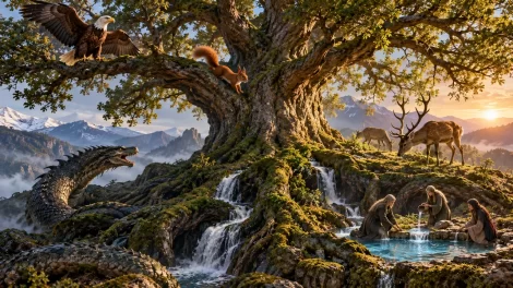Un gran árbol mitológico reúne un águila, una ardilla, ciervos, una criatura en sus raíces y figuras junto a una fuente.