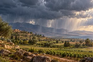 Lluvia sobre campos cultivados en un paisaje mediterráneo imaginado.