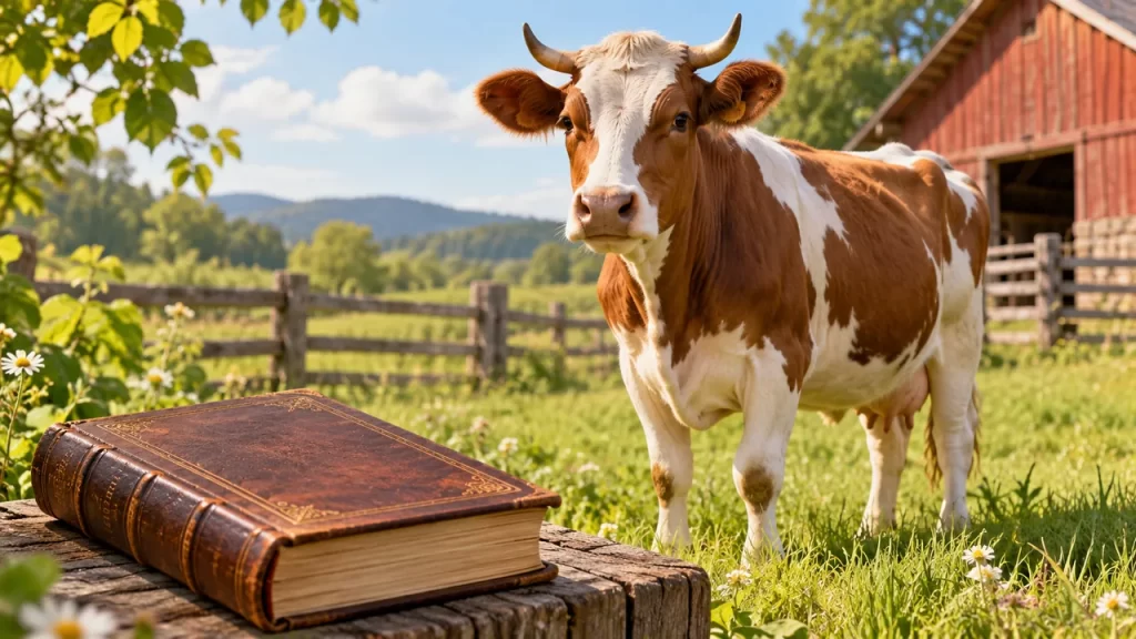 Una vaca junto a un libro cerrado en una granja imaginada.