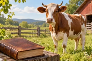 Una vaca junto a un libro cerrado en una granja imaginada.