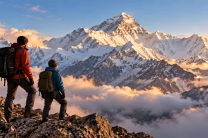 Excursionistas observando un paisaje de montañas nevadas.