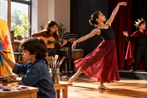 Niños practicando pintura, música, danza y teatro en un espacio artístico.