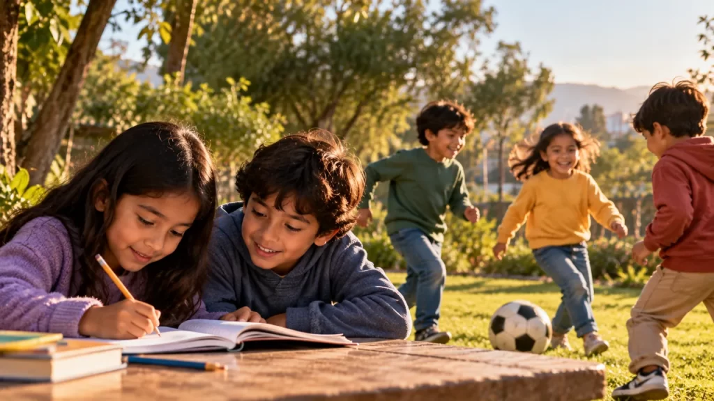 Niños leyendo y jugando al aire libre.