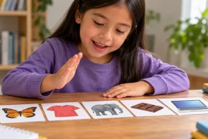Una niña practica con tarjetas de una mariposa, una camiseta, un elefante, chocolate y una computadora.