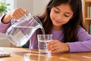 Una estudiante vierte parte del agua de una jarra en un vaso.
