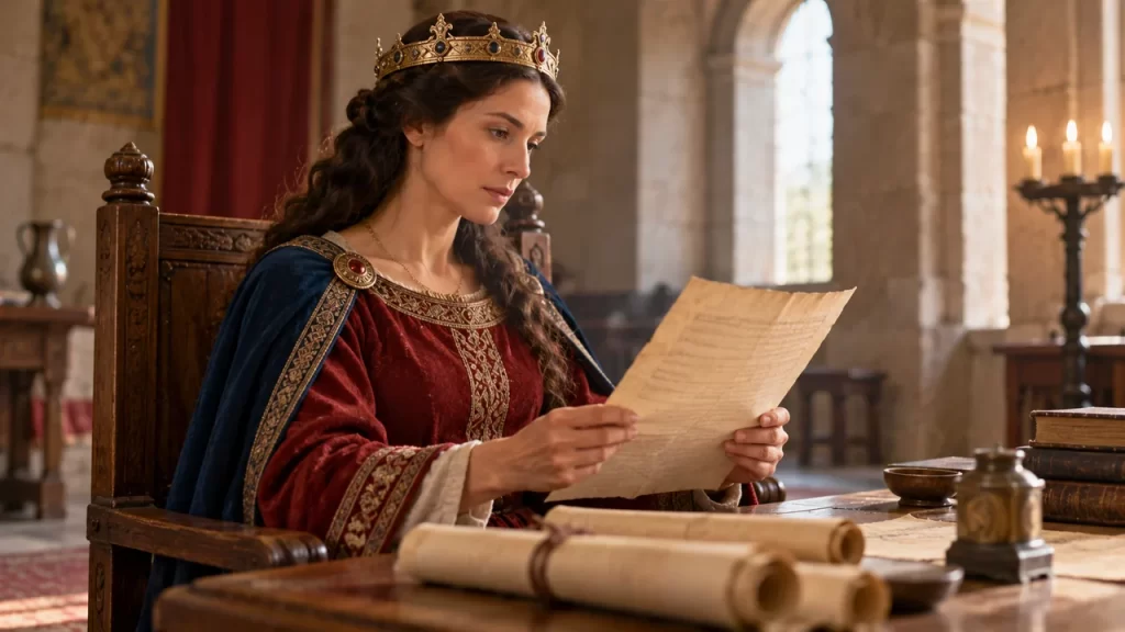 Urraca I de León y Castilla: una reina que ejerció el gobierno 1 Reina medieval imaginada leyendo un documento en una sala.
