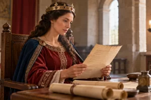 Reina medieval imaginada leyendo un documento en una sala.
