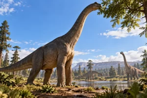 Ilustración de dinosaurios de cuello largo alimentándose de plantas.