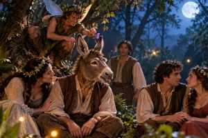 Escena fantástica de un bosque con hadas y un personaje con cabeza de asno.