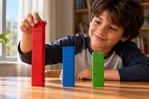 Niño comparando tres torres de bloques de diferentes alturas.