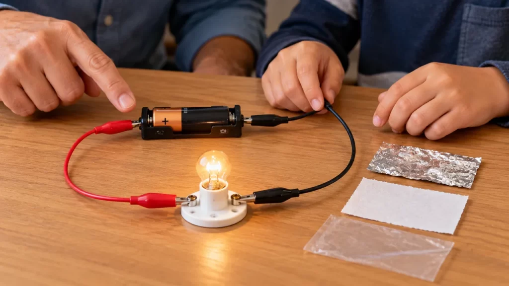 Adulto y estudiante observan una pila conectada mediante dos cables a una bombilla escolar.